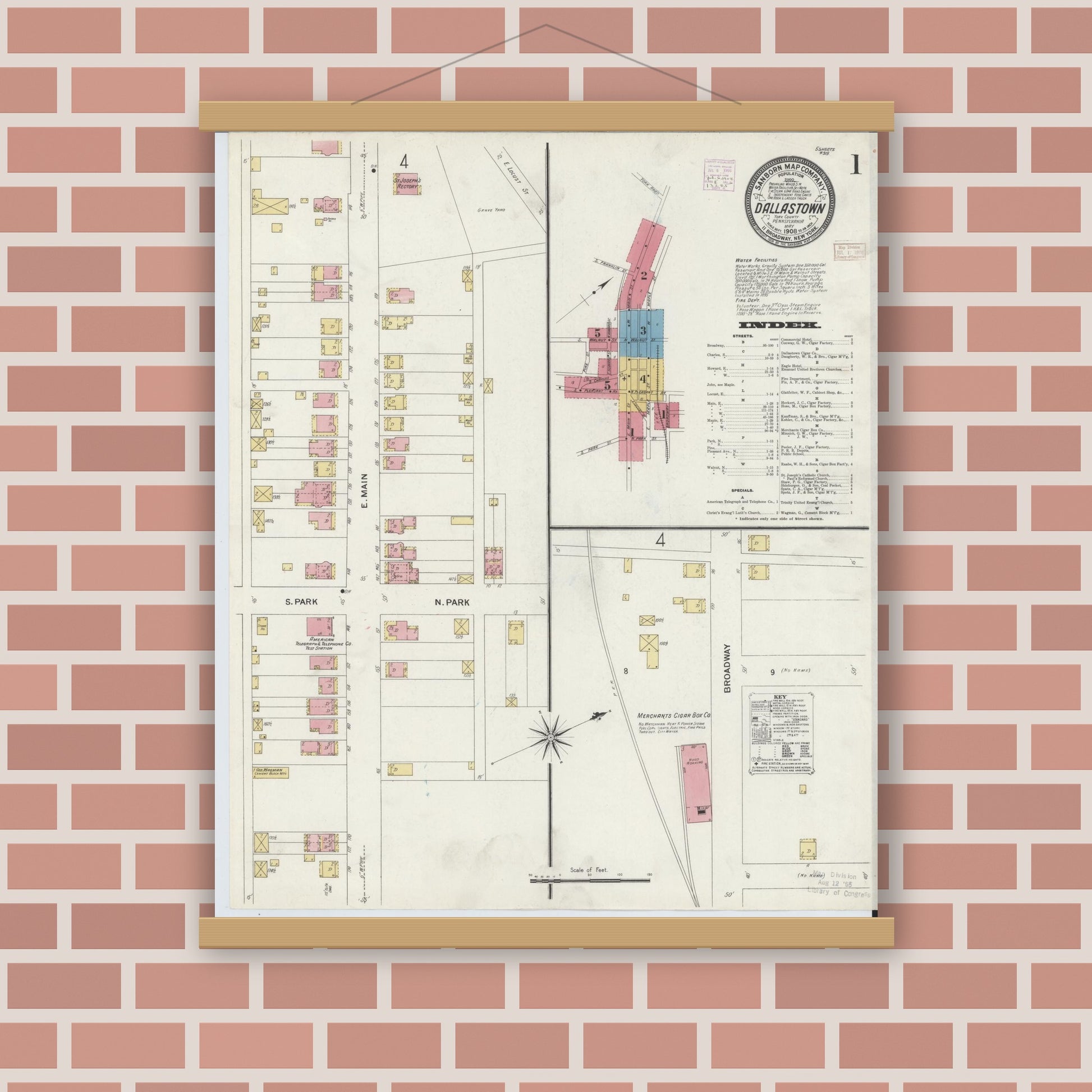 Old map wall art mockup — magnetic wood frame on brick wall — Sanborn Fire Insurance Map from Dallastown, York County, Pennsylvania (1908), Sheet #0001