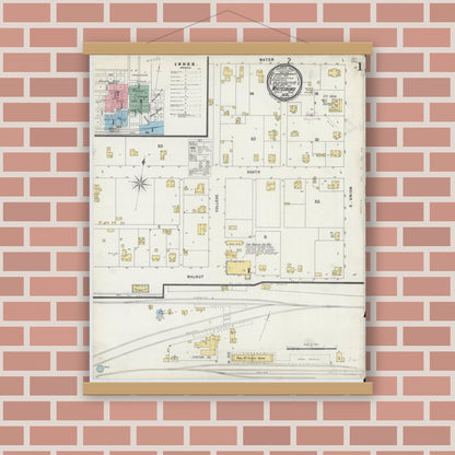 Old map wall art mockup — magnetic wood frame on brick wall — Sanborn Fire Insurance Map from Whitesboro, Grayson County, Texas (1896), Sheet #0001