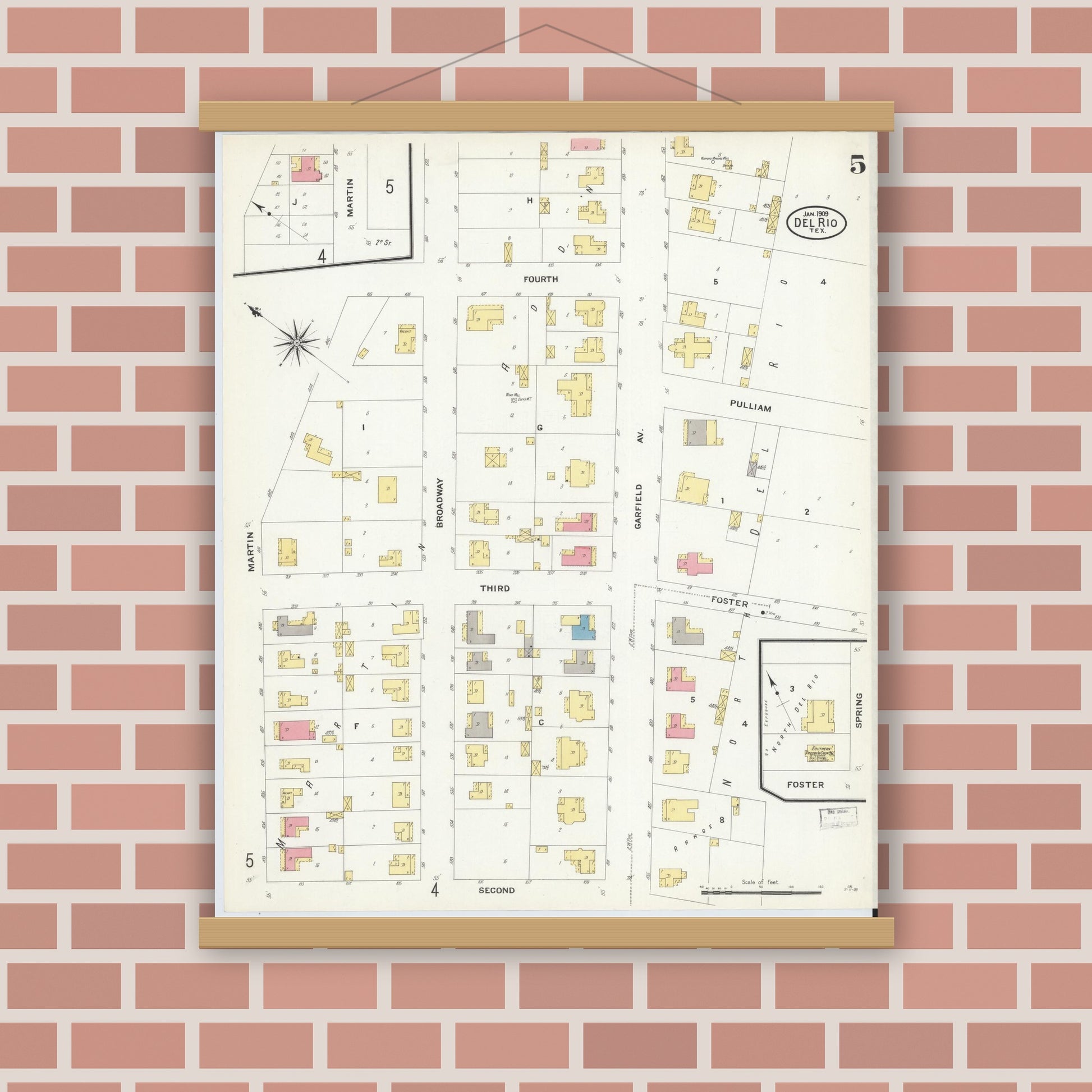 Old map wall art mockup — magnetic wood frame on brick wall — Sanborn Fire Insurance Map from Del Rio, Val Verde County, Texas (1909), Sheet #0005