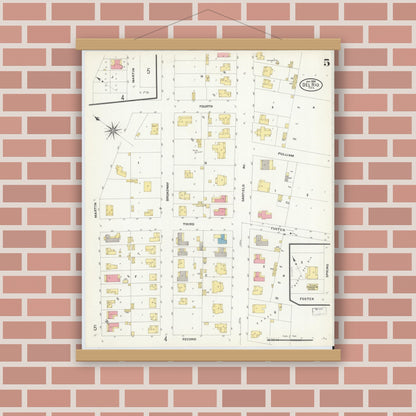 Old map wall art mockup — magnetic wood frame on brick wall — Sanborn Fire Insurance Map from Del Rio, Val Verde County, Texas (1909), Sheet #0005