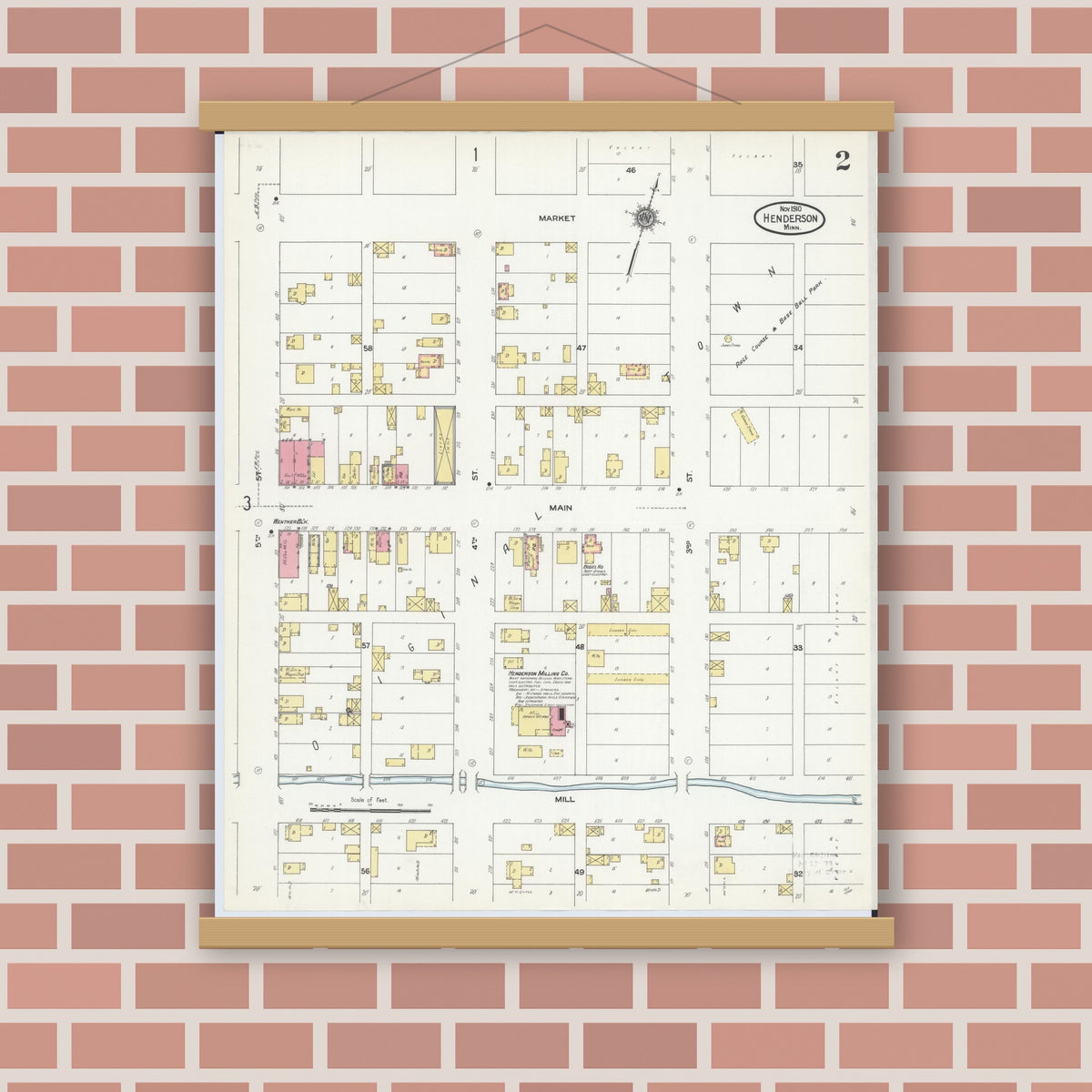 Old map wall art mockup — magnetic wood frame on brick wall — Sanborn Fire Insurance Map from Henderson, Sibley County, Minnesota (1910), Sheet #0002