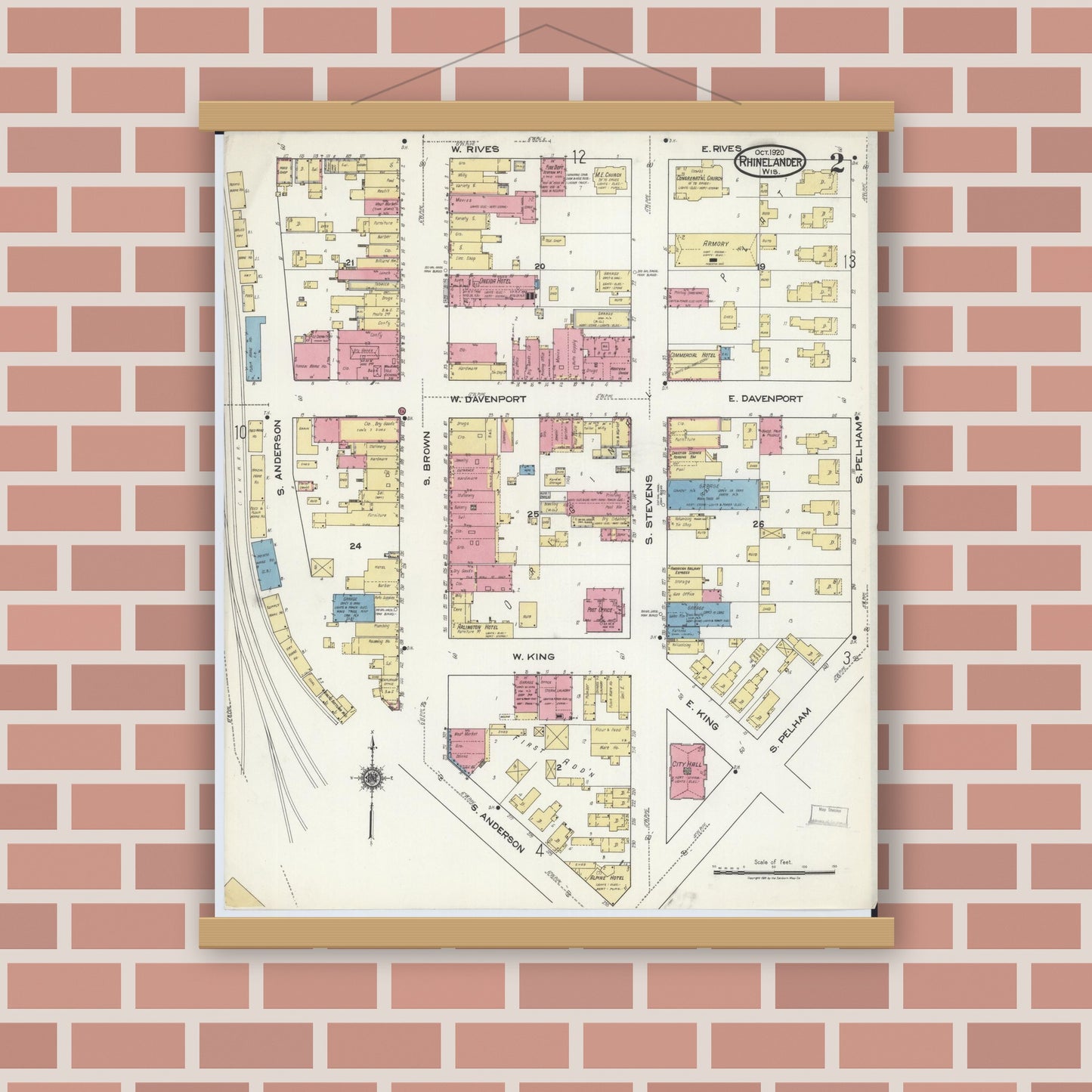 Old map wall art mockup — magnetic wood frame on brick wall — Sanborn Fire Insurance Map from Rhinelander, Oneida County, Wisconsin (1920), Sheet #0002