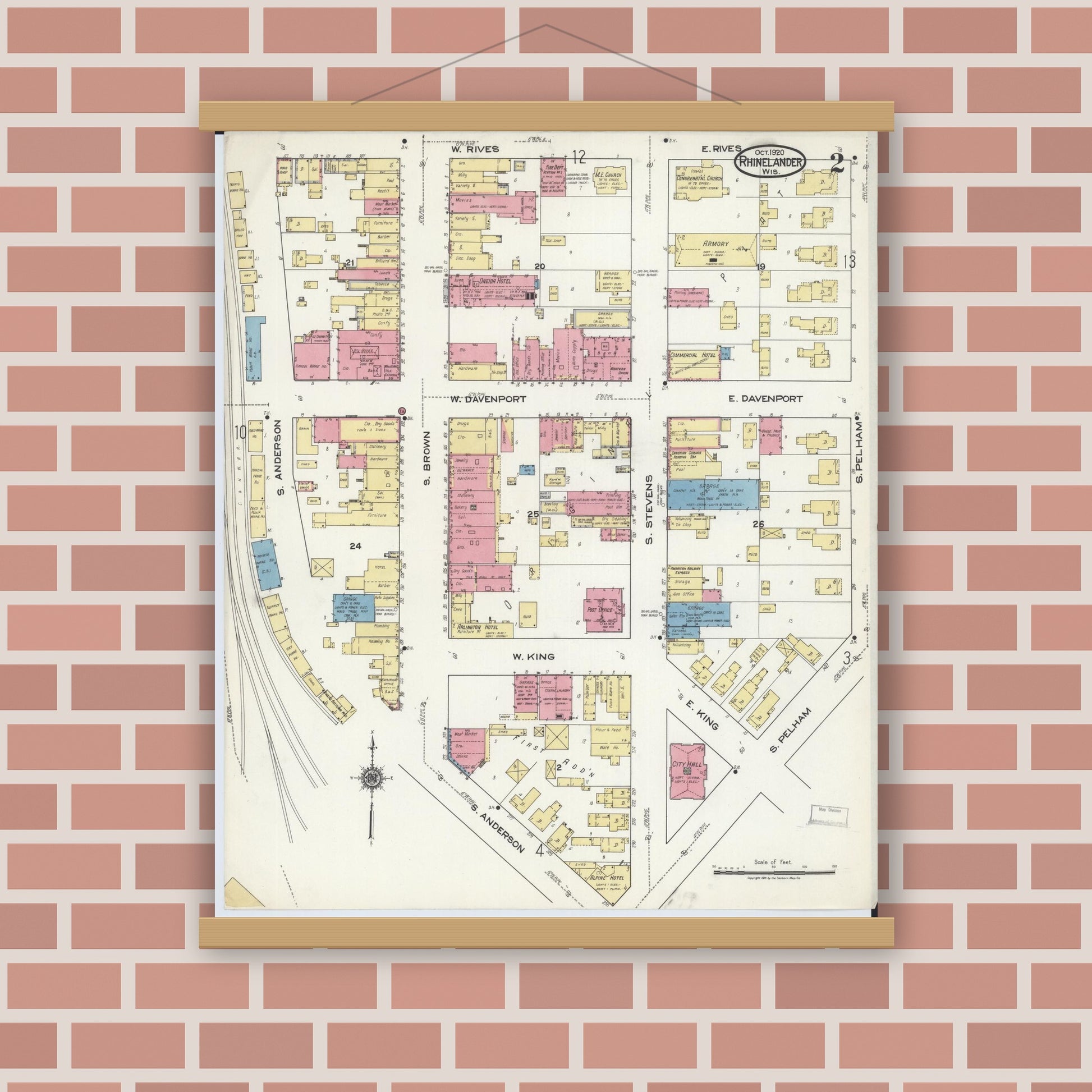 Old map wall art mockup — magnetic wood frame on brick wall — Sanborn Fire Insurance Map from Rhinelander, Oneida County, Wisconsin (1920), Sheet #0002