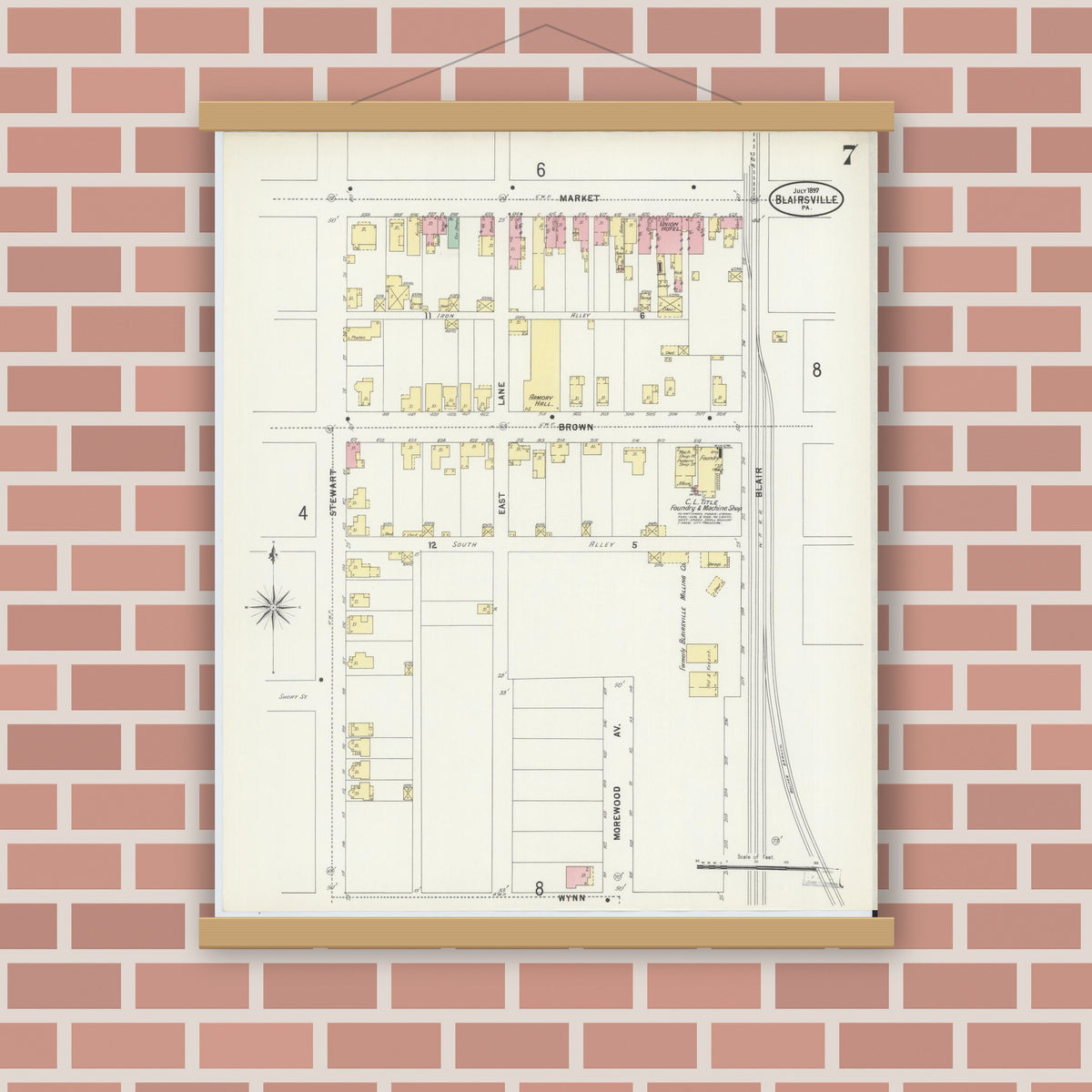Old map wall art mockup — magnetic wood frame on brick wall — Sanborn Fire Insurance Map from Blairsville, Indiana County, Pennsylvania (1897), Sheet #0007