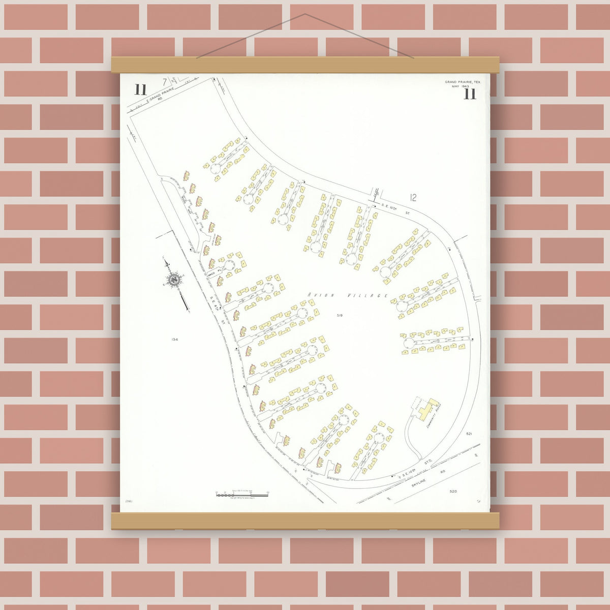 Old map wall art mockup — magnetic wood frame on brick wall — Sanborn Fire Insurance Map from Grand Prairie, Dallas County, Texas (1943), Sheet #0011