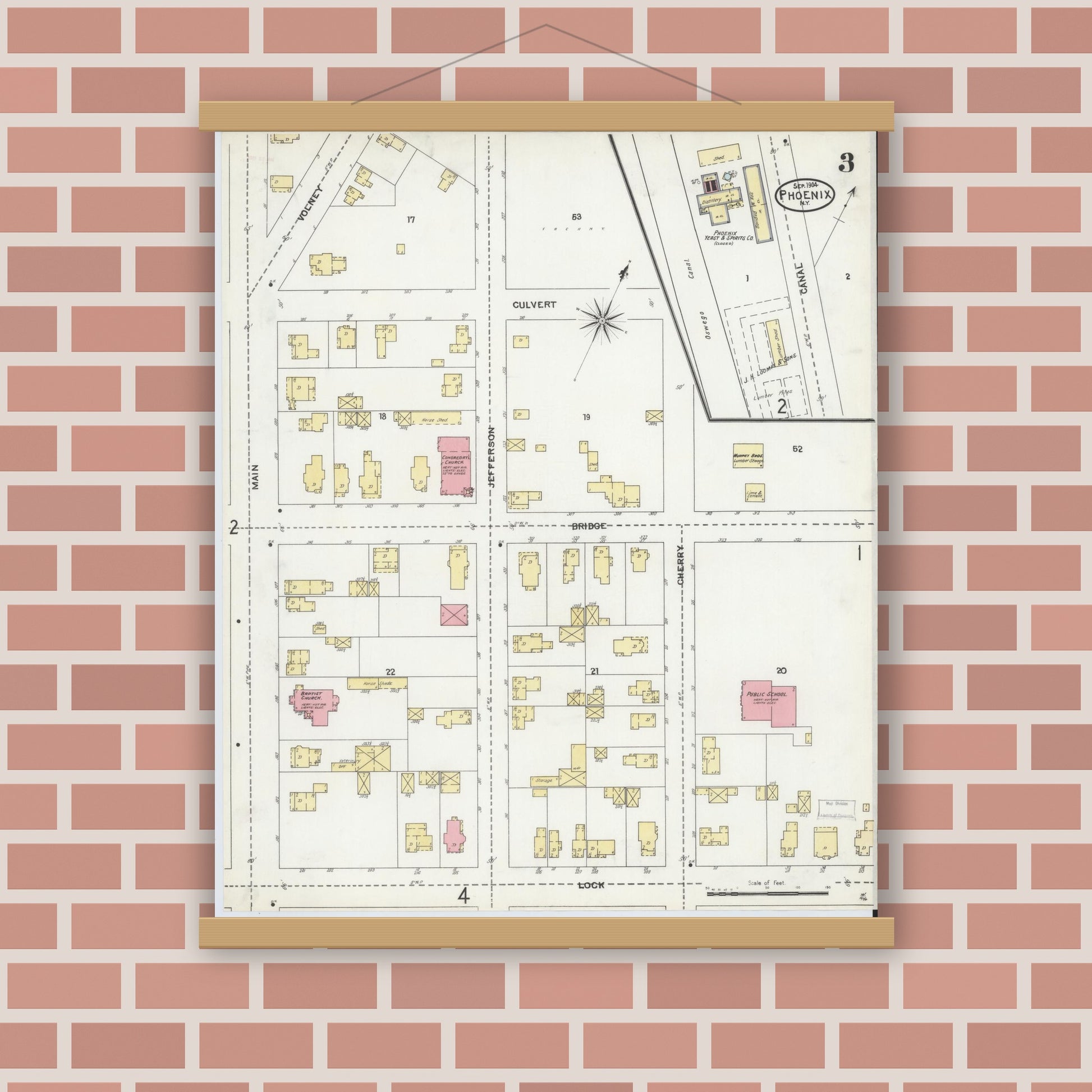 Old map wall art mockup — magnetic wood frame on brick wall — Sanborn Fire Insurance Map from Phoenix, Oswego County, New York (1904), Sheet #0003