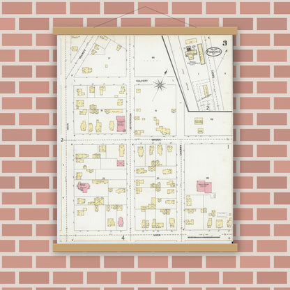 Old map wall art mockup — magnetic wood frame on brick wall — Sanborn Fire Insurance Map from Phoenix, Oswego County, New York (1904), Sheet #0003