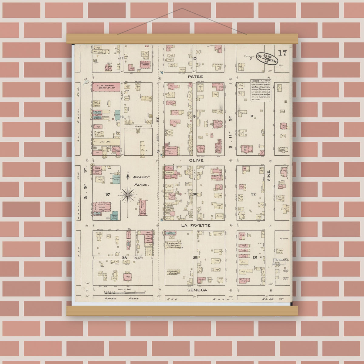 Old map wall art mockup — magnetic wood frame on brick wall — Sanborn Fire Insurance Map from Saint Joseph, Buchanan County, Missouri (1883), Sheet #0017