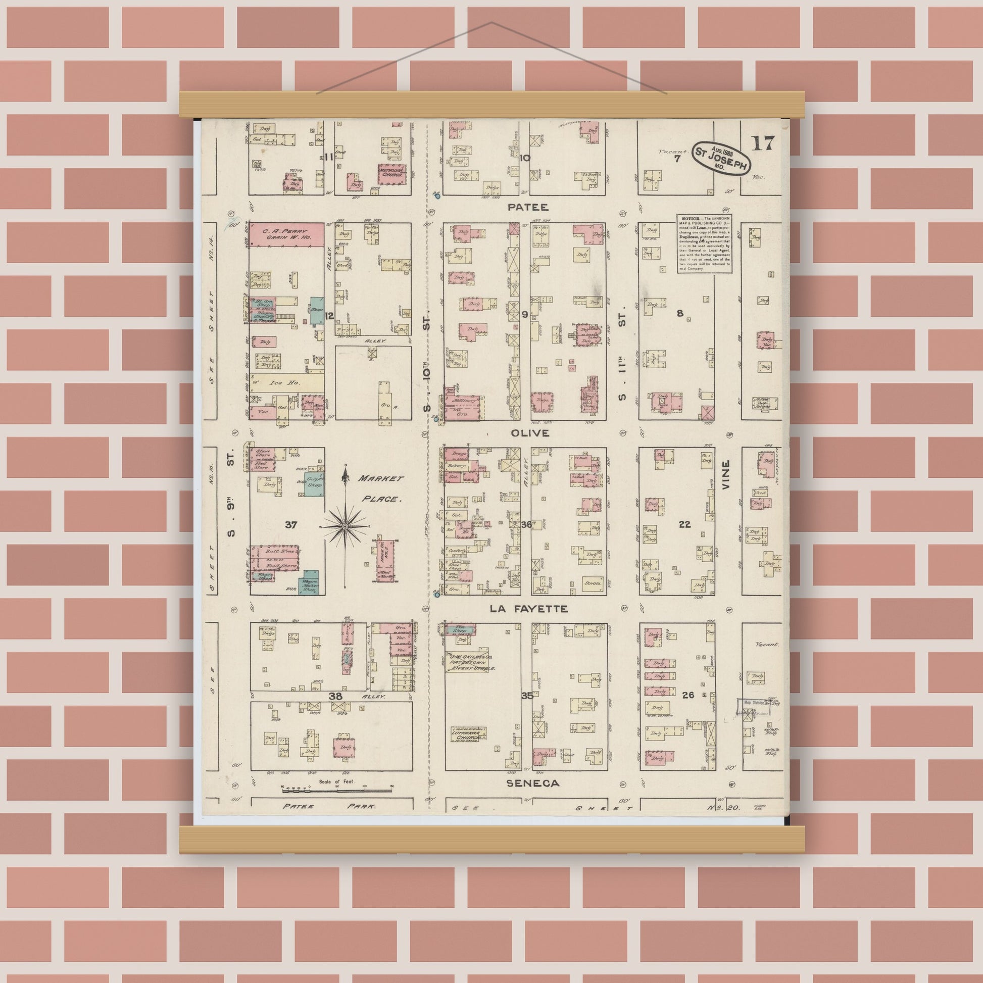 Old map wall art mockup — magnetic wood frame on brick wall — Sanborn Fire Insurance Map from Saint Joseph, Buchanan County, Missouri (1883), Sheet #0017