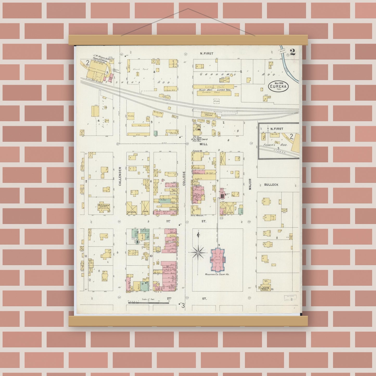 Old map wall art mockup — magnetic wood frame on brick wall — Sanborn Fire Insurance Map from Eureka, Woodford County, Illinois (1898), Sheet #0002