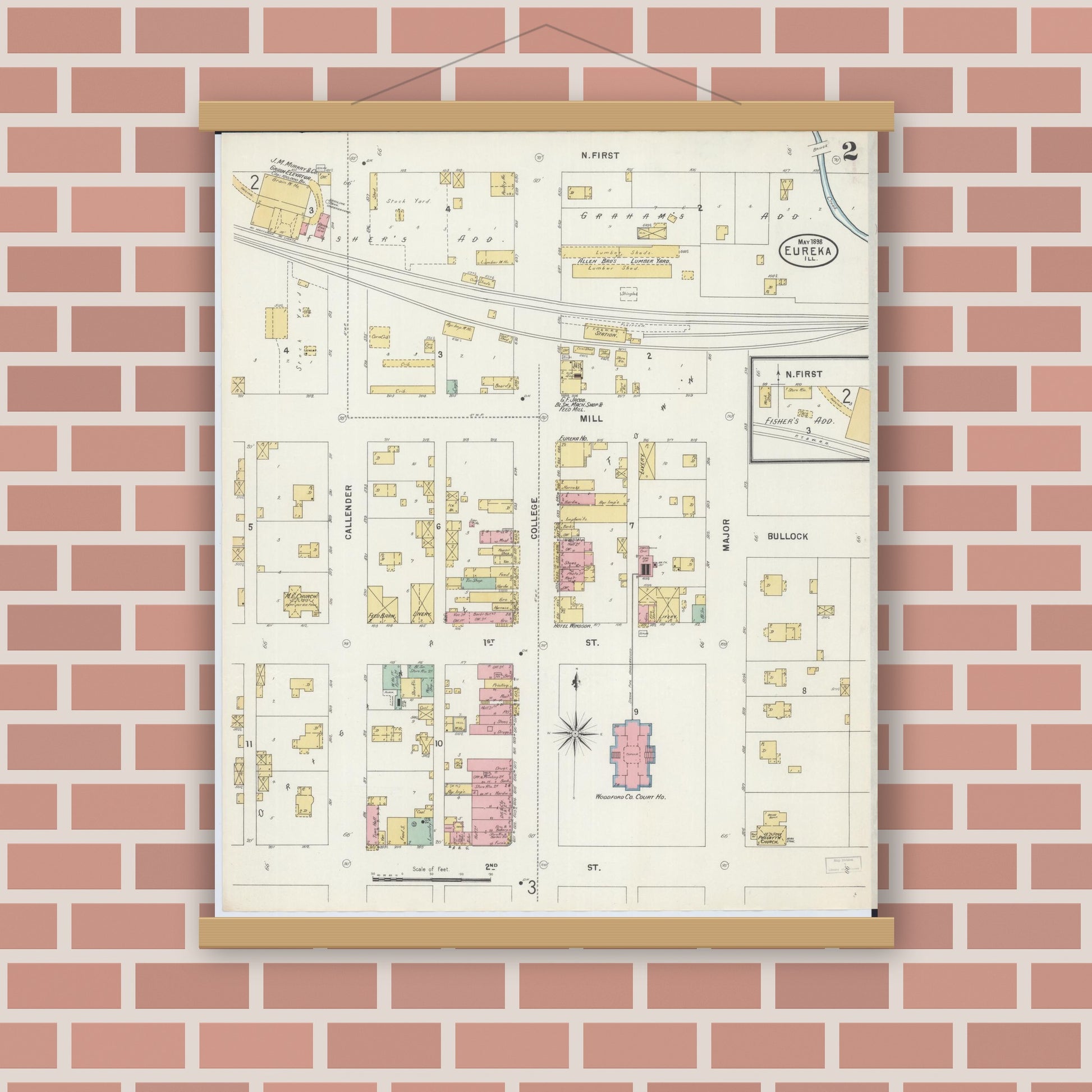 Old map wall art mockup — magnetic wood frame on brick wall — Sanborn Fire Insurance Map from Eureka, Woodford County, Illinois (1898), Sheet #0002