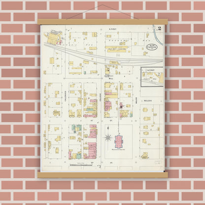 Old map wall art mockup — magnetic wood frame on brick wall — Sanborn Fire Insurance Map from Eureka, Woodford County, Illinois (1898), Sheet #0002