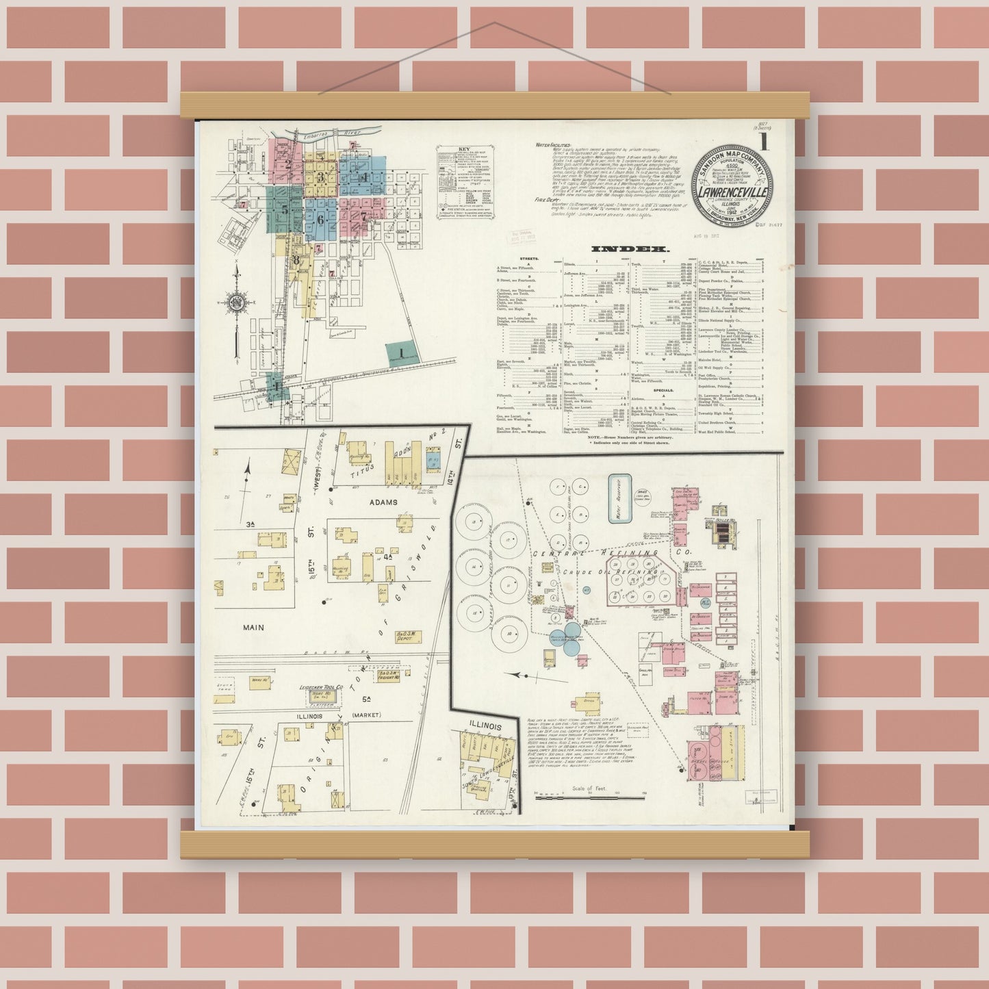 Old map wall art mockup — magnetic wood frame on brick wall — Sanborn Fire Insurance Map from Lawrenceville, Lawrence County, Illinois (1912), Sheet #0001