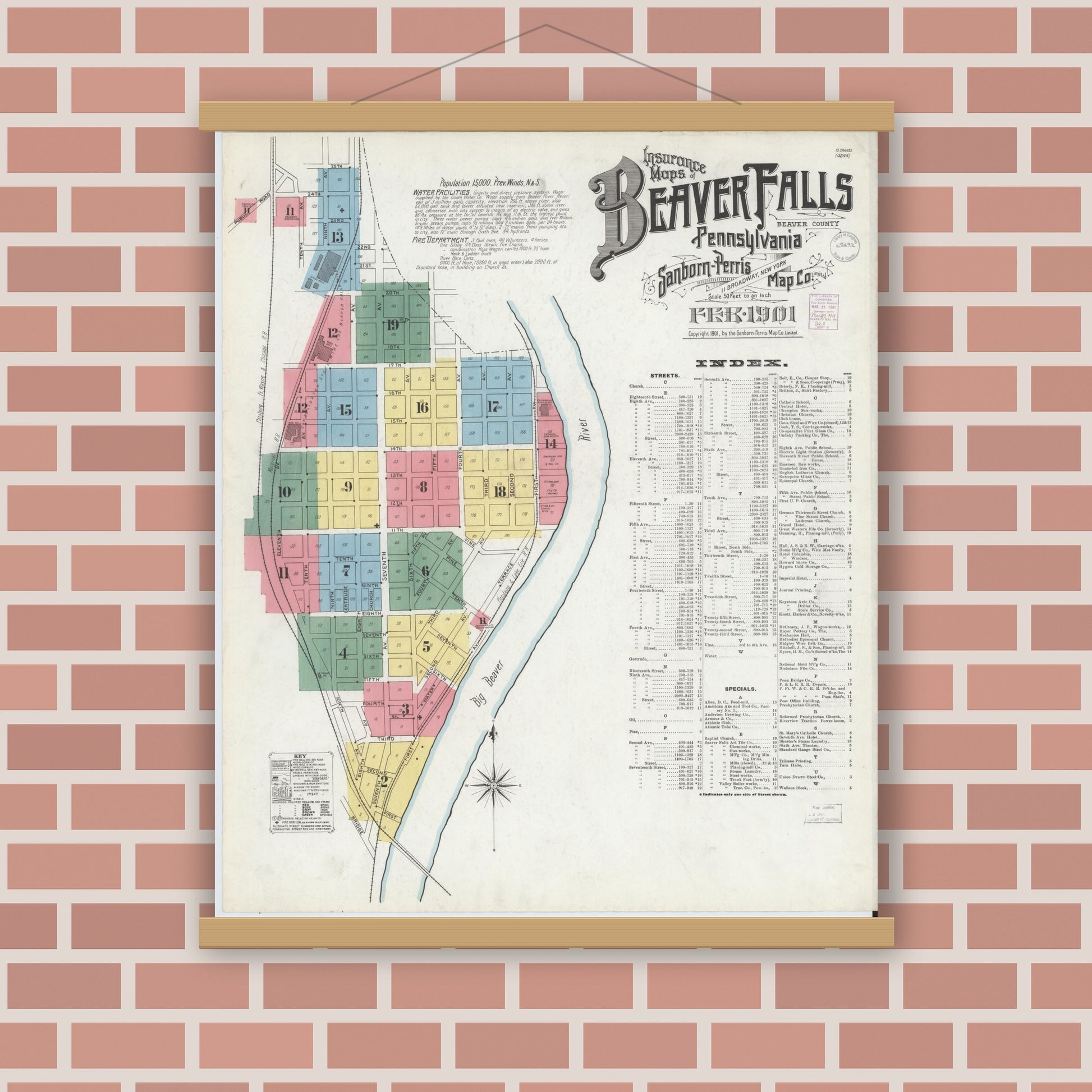 Old map wall art mockup — magnetic wood frame on brick wall — Sanborn Fire Insurance Map from Beaver Falls, Beaver County, Pennsylvania (1901) - Complete Map Set
