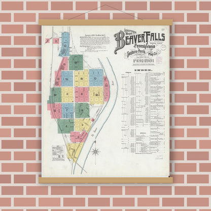 Old map wall art mockup — magnetic wood frame on brick wall — Sanborn Fire Insurance Map from Beaver Falls, Beaver County, Pennsylvania (1901) - Complete Map Set