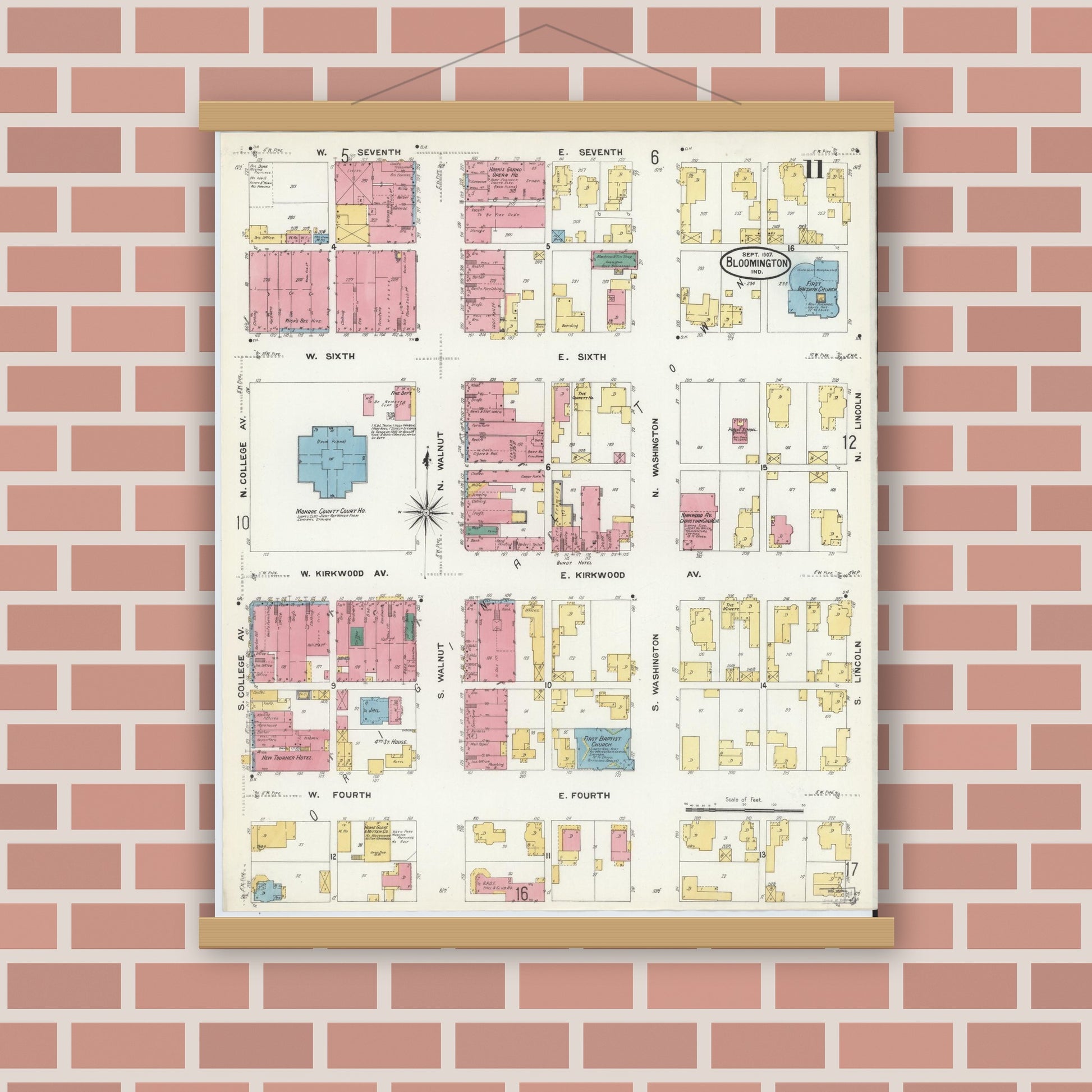 Old map wall art mockup — magnetic wood frame on brick wall — Sanborn Fire Insurance Map from Bloomington, Monroe County, Indiana (1907), Sheet #0011