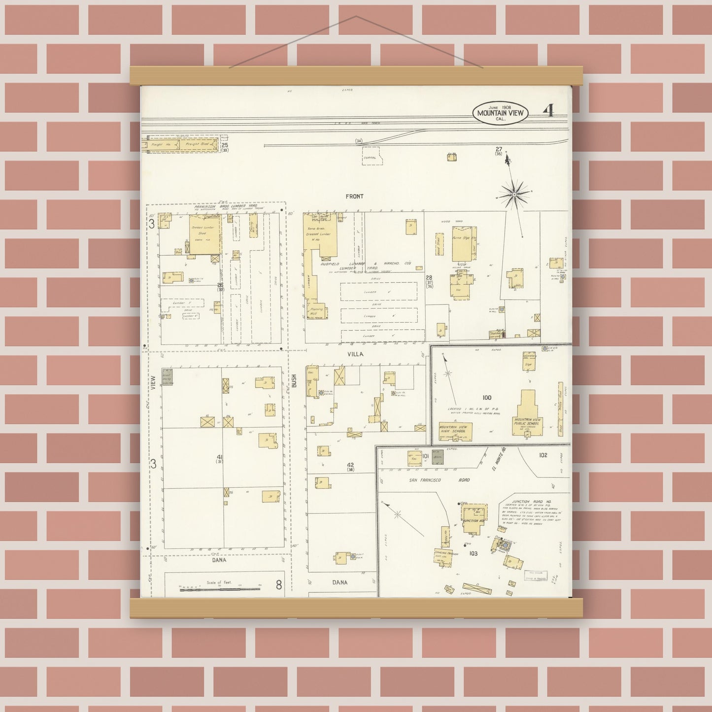 Old map wall art mockup — magnetic wood frame on brick wall — Sanborn Fire Insurance Map from Mountain View, Santa Clara County, California (1908), Sheet #0004