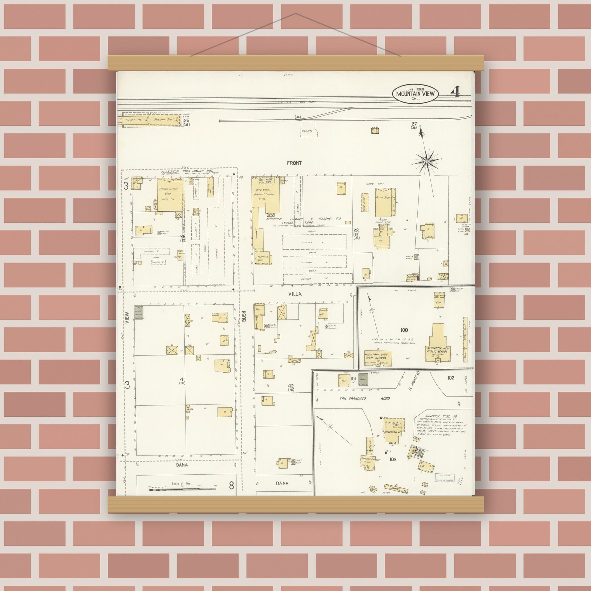 Old map wall art mockup — magnetic wood frame on brick wall — Sanborn Fire Insurance Map from Mountain View, Santa Clara County, California (1908), Sheet #0004