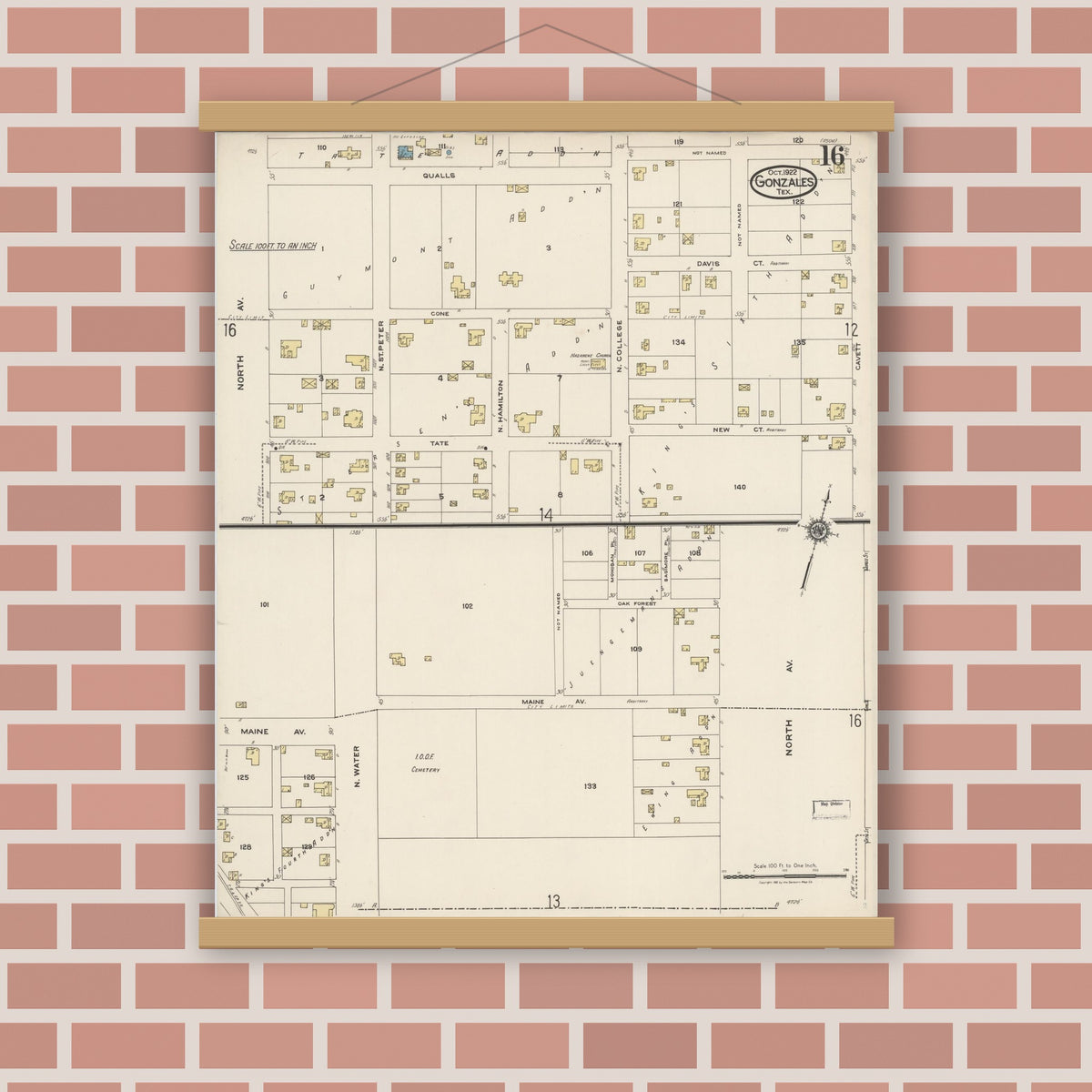 Old map wall art mockup — magnetic wood frame on brick wall — Sanborn Fire Insurance Map from Gonzales, Gonzales County, Texas (1922), Sheet #0016