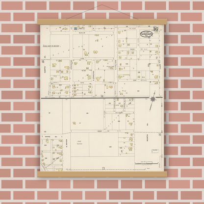 Old map wall art mockup — magnetic wood frame on brick wall — Sanborn Fire Insurance Map from Gonzales, Gonzales County, Texas (1922), Sheet #0016