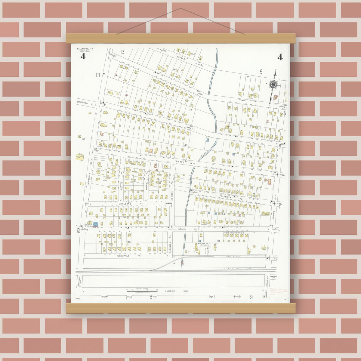 Old map wall art mockup — magnetic wood frame on brick wall — Sanborn Fire Insurance Map from Bellmore, Nassau County, New York (1940), Sheet #0004