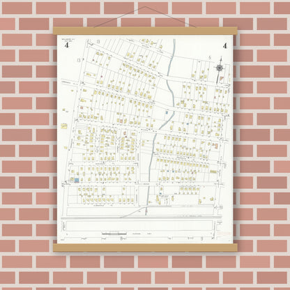 Old map wall art mockup — magnetic wood frame on brick wall — Sanborn Fire Insurance Map from Bellmore, Nassau County, New York (1940), Sheet #0004