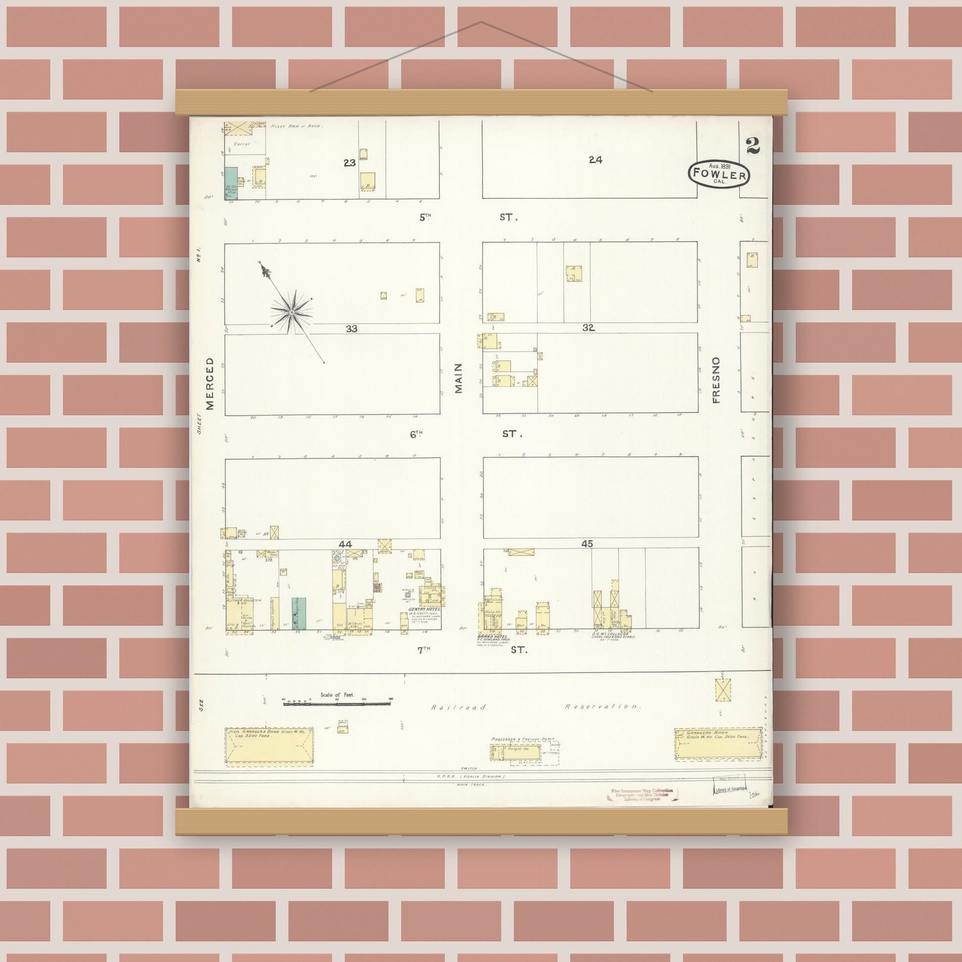 Old map wall art mockup — magnetic wood frame on brick wall — Sanborn Fire Insurance Map from Fowler, Fresno County, California (1891), Sheet #0002