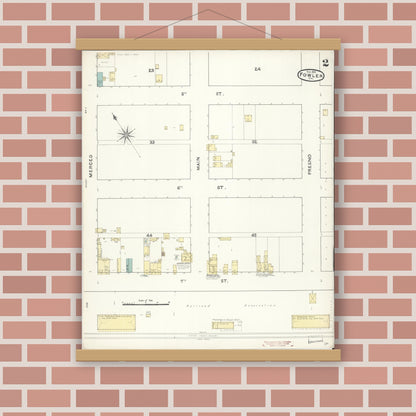 Old map wall art mockup — magnetic wood frame on brick wall — Sanborn Fire Insurance Map from Fowler, Fresno County, California (1891), Sheet #0002
