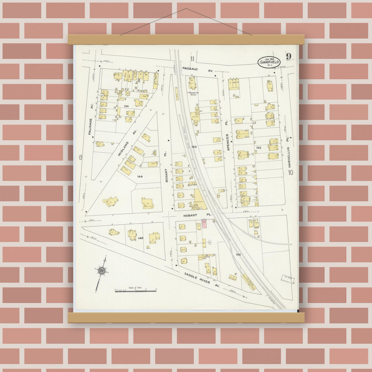 Old map wall art mockup — magnetic wood frame on brick wall — Sanborn Fire Insurance Map from Garfield, Bergen County, New Jersey (1910), Sheet #0009