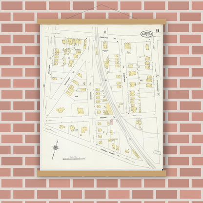 Old map wall art mockup — magnetic wood frame on brick wall — Sanborn Fire Insurance Map from Garfield, Bergen County, New Jersey (1910), Sheet #0009