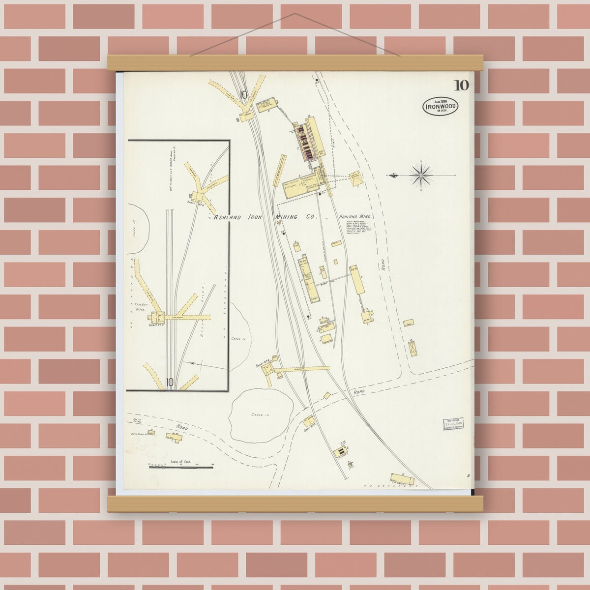 Old map wall art mockup — magnetic wood frame on brick wall — Sanborn Fire Insurance Map from Ironwood, Gogebic County, Michigan (1898), Sheet #0010