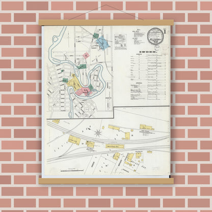 Old map wall art mockup — magnetic wood frame on brick wall — Sanborn Fire Insurance Map from Allegan, Allegan County, Michigan (1899), Sheet #0001