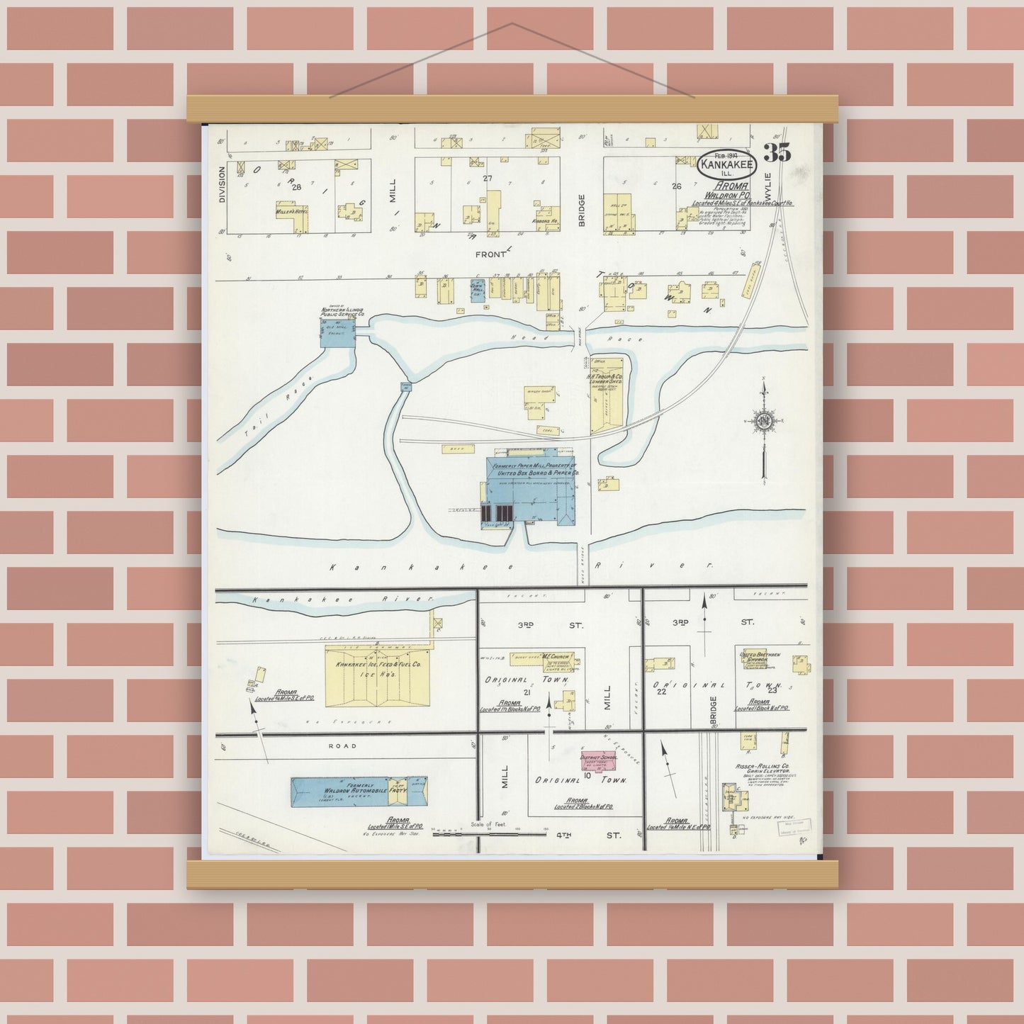 Old map wall art mockup — magnetic wood frame on brick wall — Sanborn Fire Insurance Map from Kankakee, Kankakee County, Illinois (1914), Sheet #0035