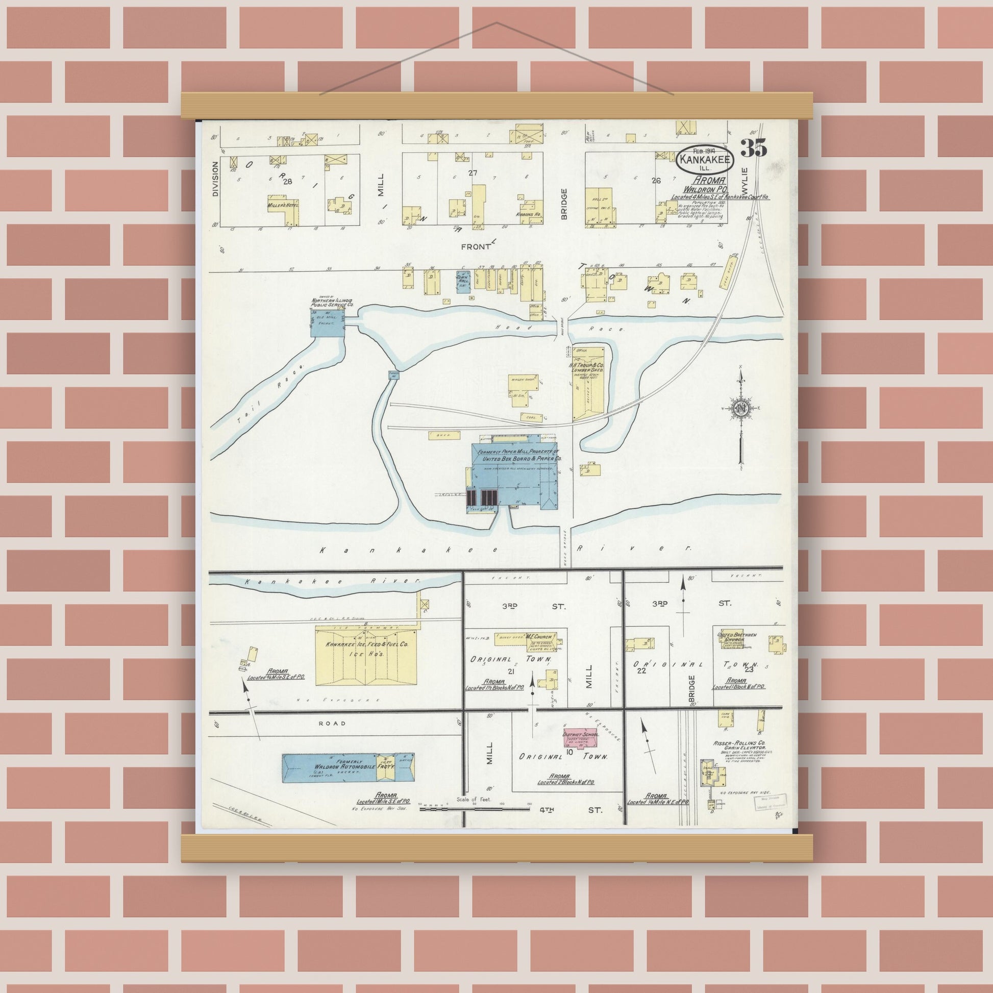 Old map wall art mockup — magnetic wood frame on brick wall — Sanborn Fire Insurance Map from Kankakee, Kankakee County, Illinois (1914), Sheet #0035