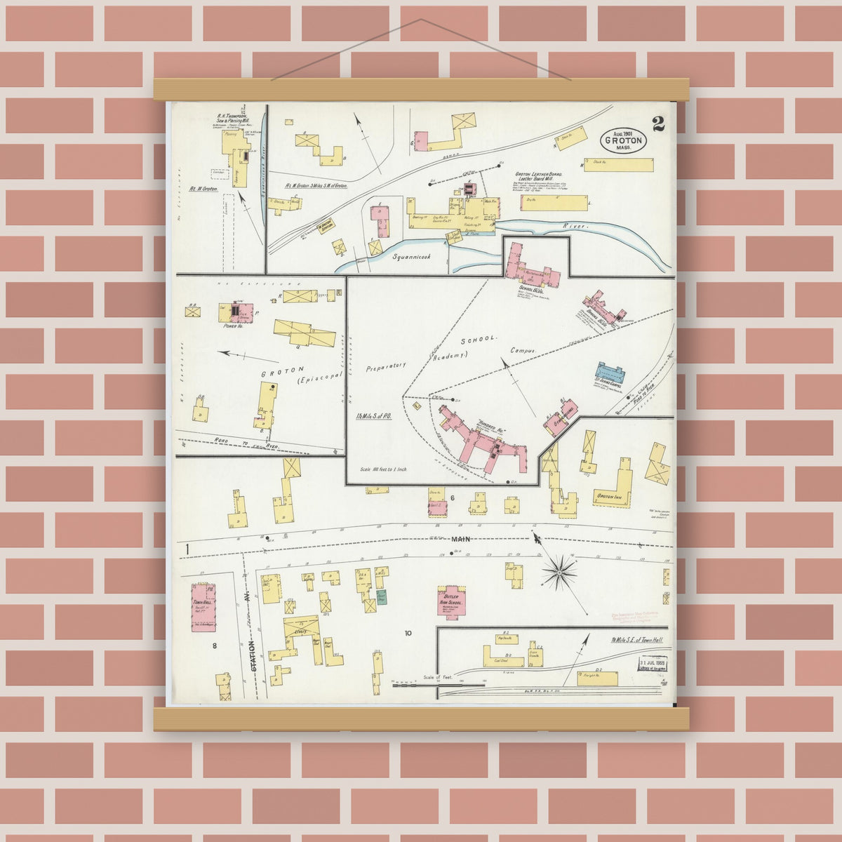Old map wall art mockup — magnetic wood frame on brick wall — Sanborn Fire Insurance Map from Groton, Middlesex County, Massachusetts (1901), Sheet #0002