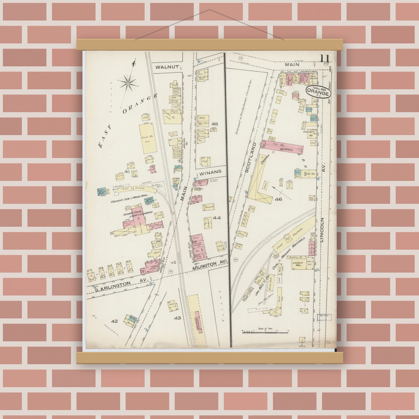 Old map wall art mockup — magnetic wood frame on brick wall — Sanborn Fire Insurance Map from Orange, Essex County, New Jersey (1885), Sheet #0011