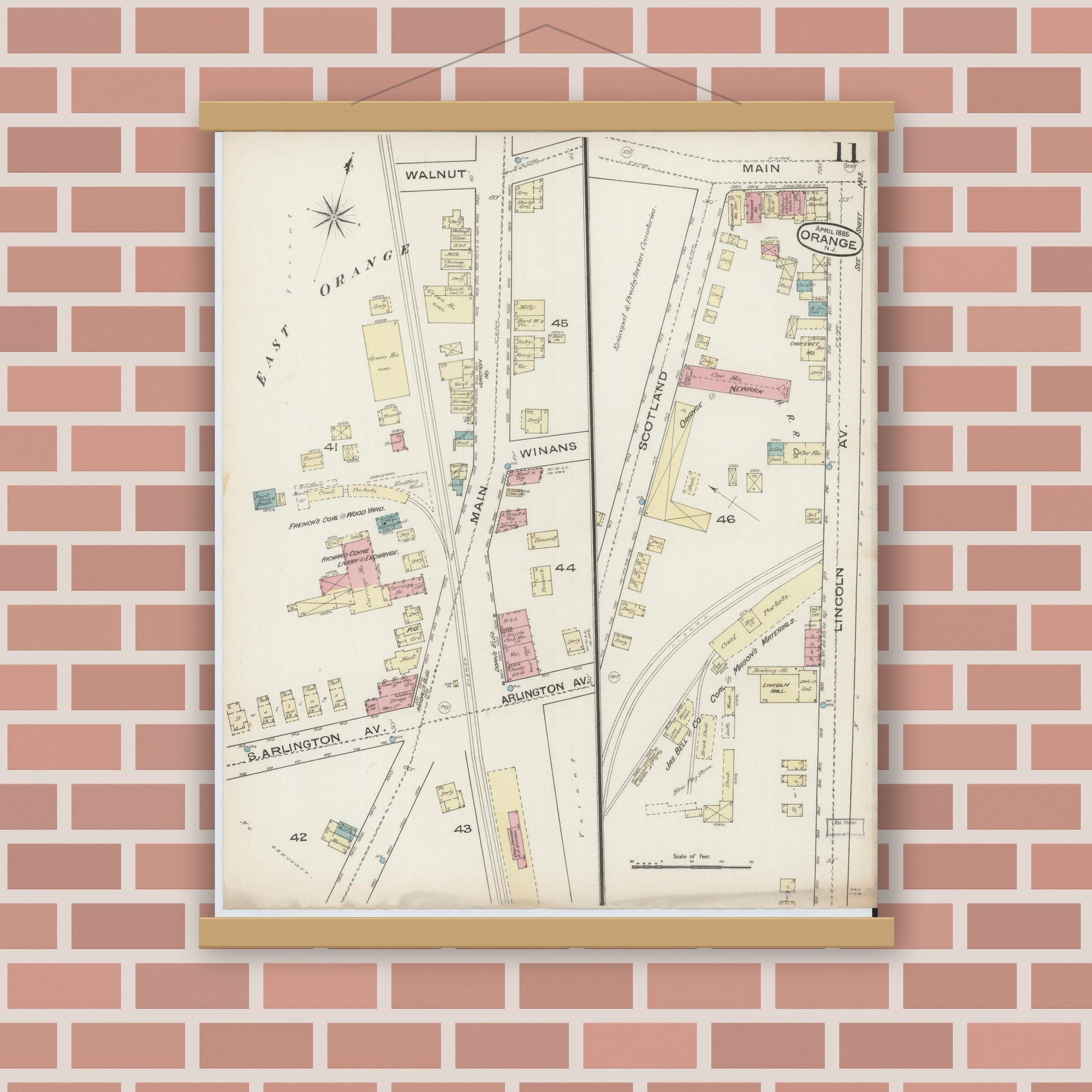 Old map wall art mockup — magnetic wood frame on brick wall — Sanborn Fire Insurance Map from Orange, Essex County, New Jersey (1885), Sheet #0011