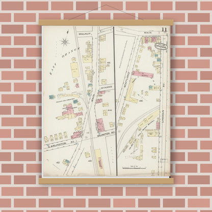 Old map wall art mockup — magnetic wood frame on brick wall — Sanborn Fire Insurance Map from Orange, Essex County, New Jersey (1885), Sheet #0011