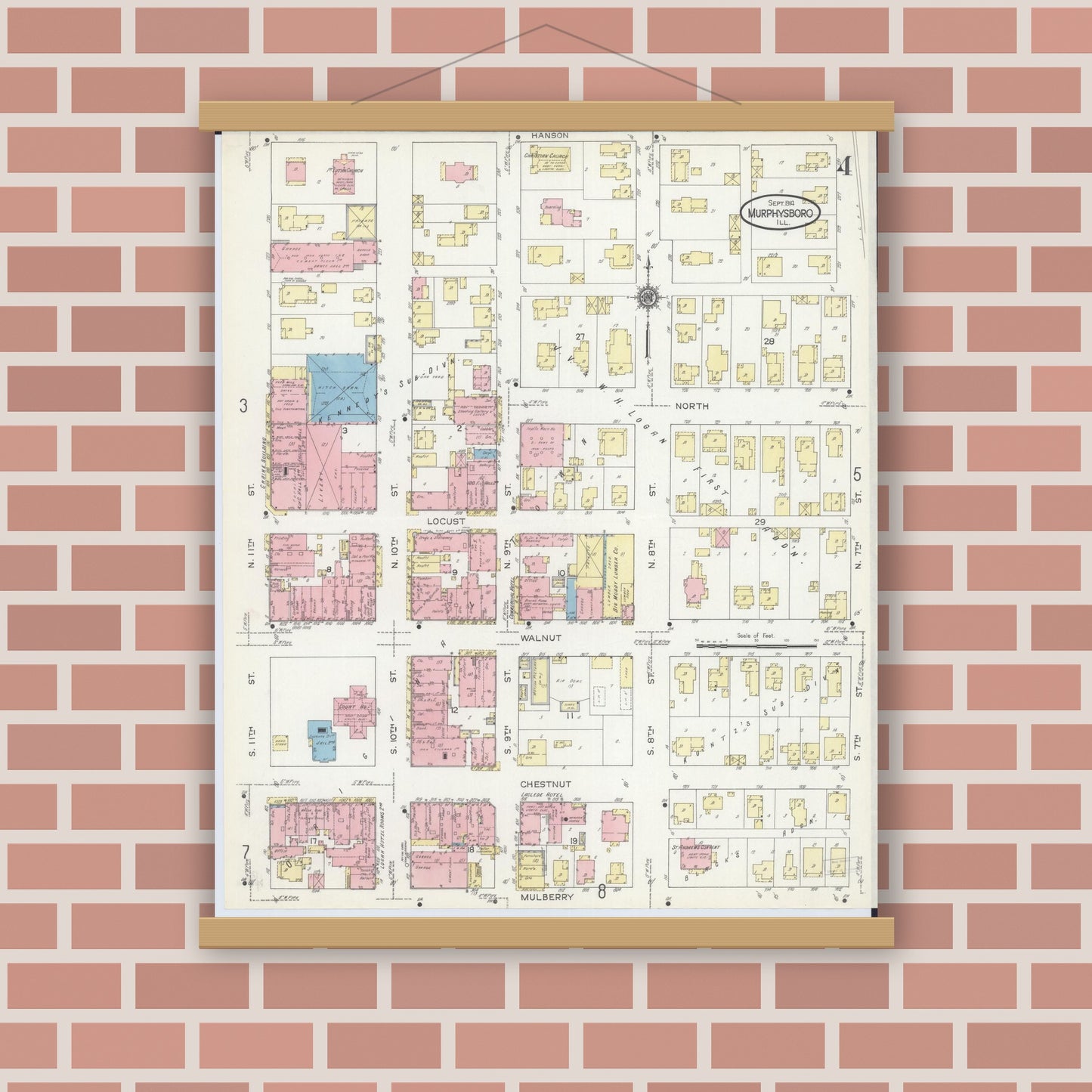 Old map wall art mockup — magnetic wood frame on brick wall — Sanborn Fire Insurance Map from Murphysboro, Jackson County, Illinois (1914), Sheet #0004