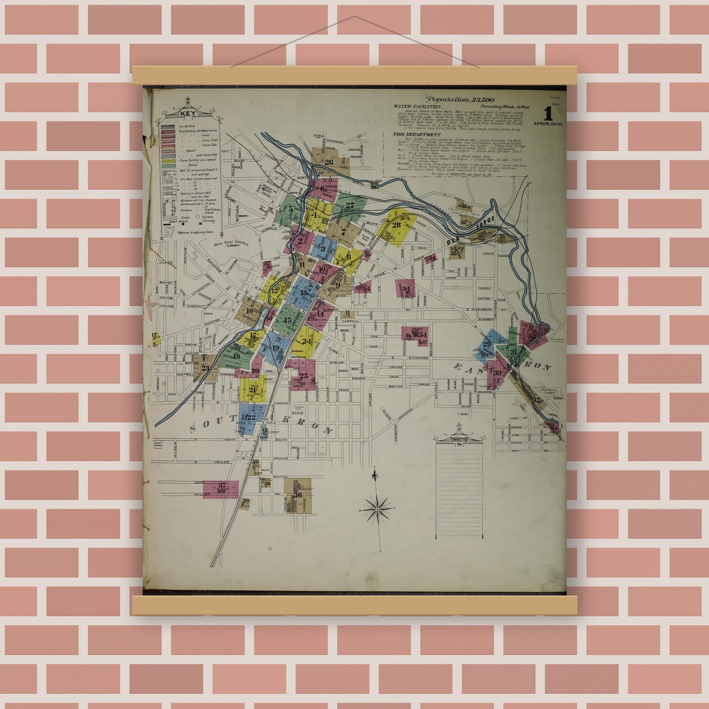 Old map wall art mockup — magnetic wood frame on brick wall — Sanborn Fire Insurance Map from Akron, Summit County, Ohio (1892) - Complete Map Set