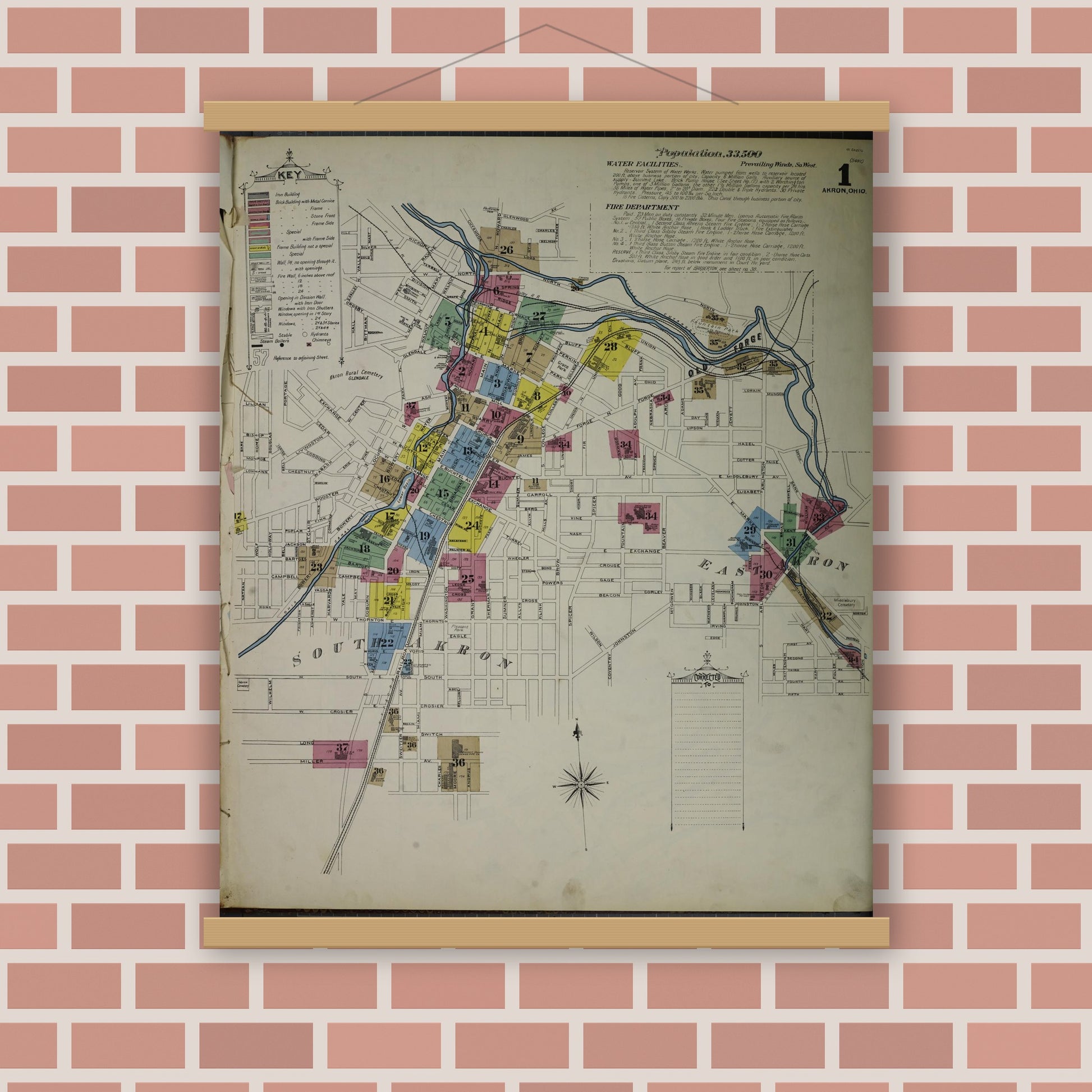 Old map wall art mockup — magnetic wood frame on brick wall — Sanborn Fire Insurance Map from Akron, Summit County, Ohio (1892) - Complete Map Set