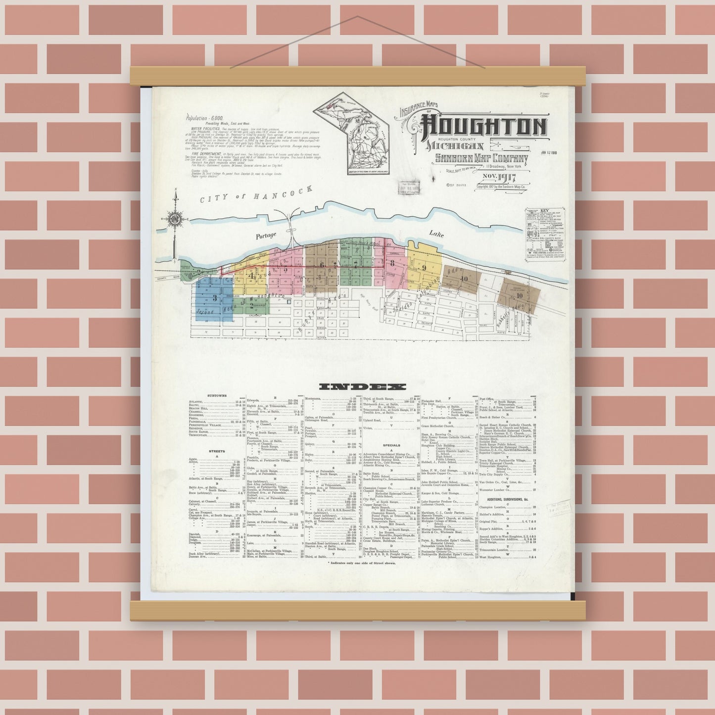 Old map wall art mockup — magnetic wood frame on brick wall — Sanborn Fire Insurance Map from Houghton, Houghton County, Michigan (1917) - Complete Map Set