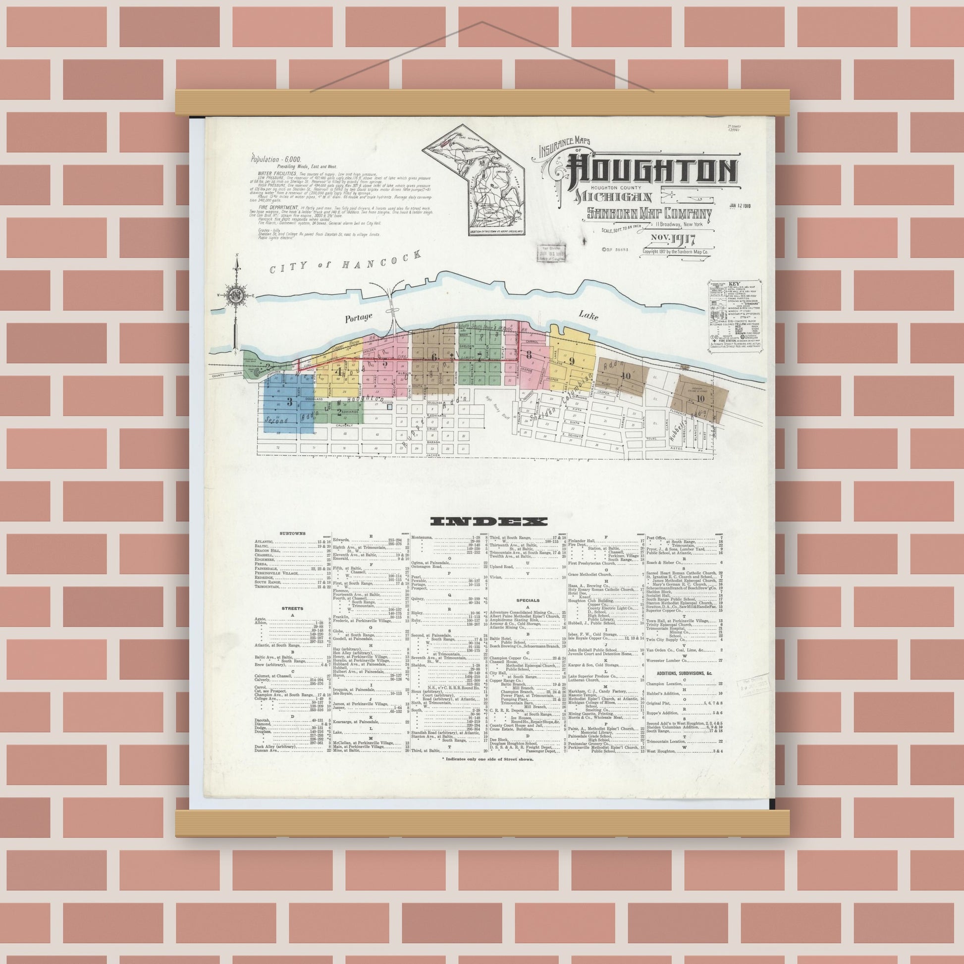 Old map wall art mockup — magnetic wood frame on brick wall — Sanborn Fire Insurance Map from Houghton, Houghton County, Michigan (1917) - Complete Map Set