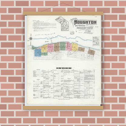 Old map wall art mockup — magnetic wood frame on brick wall — Sanborn Fire Insurance Map from Houghton, Houghton County, Michigan (1917) - Complete Map Set