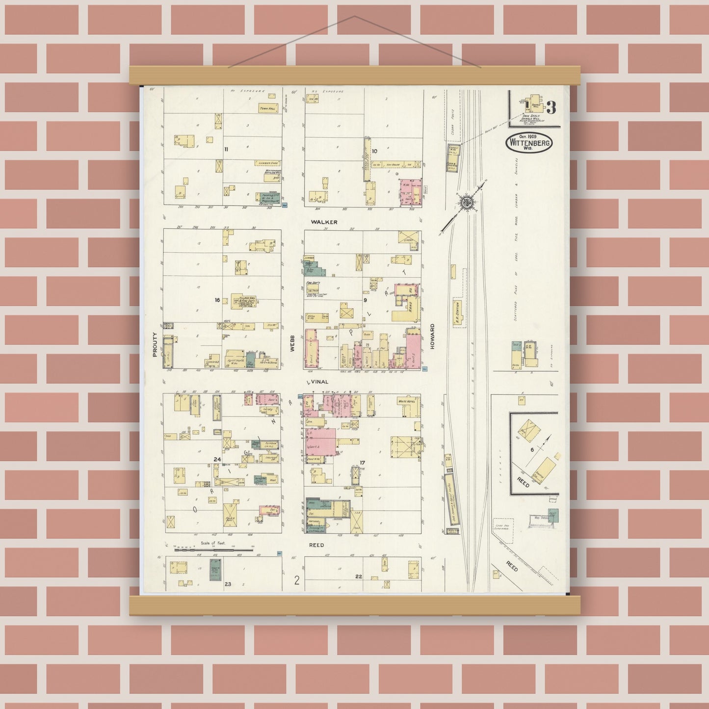 Old map wall art mockup — magnetic wood frame on brick wall — Sanborn Fire Insurance Map from Wittenberg, Shawano County, Wisconsin (1909), Sheet #0003