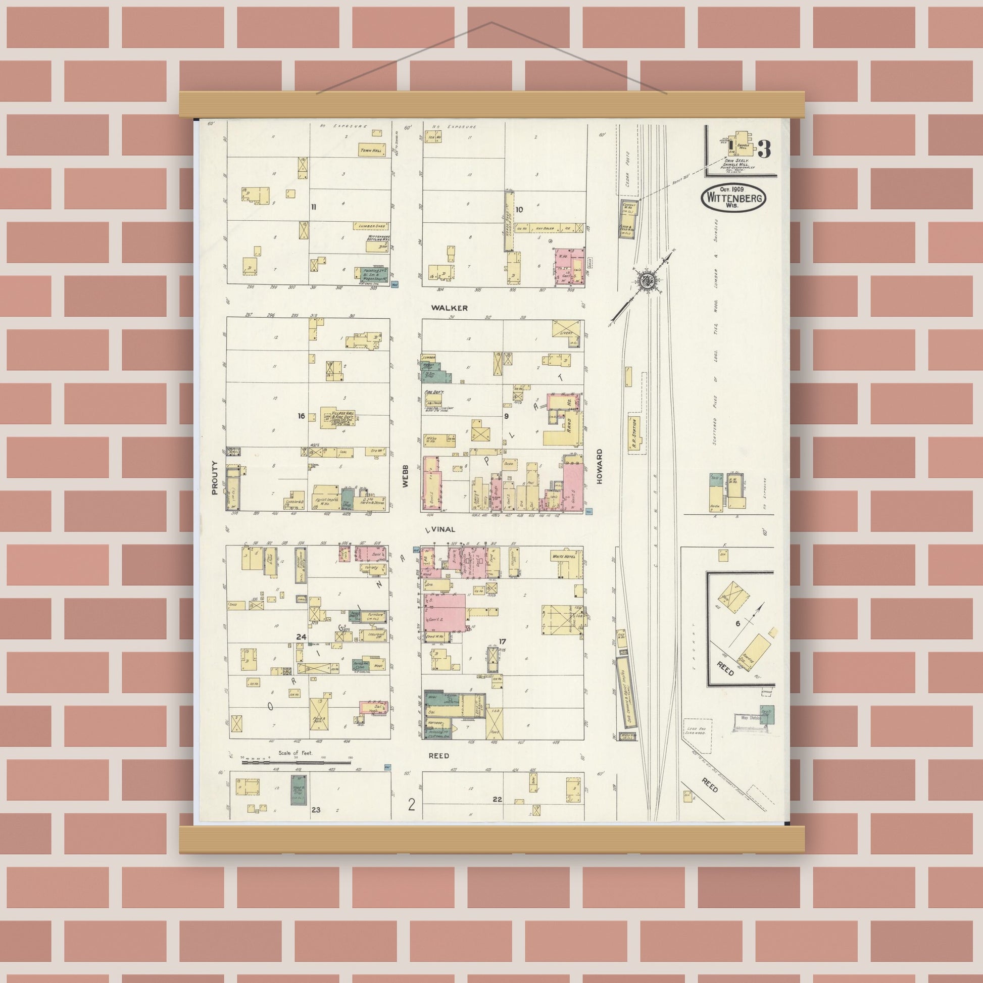 Old map wall art mockup — magnetic wood frame on brick wall — Sanborn Fire Insurance Map from Wittenberg, Shawano County, Wisconsin (1909), Sheet #0003