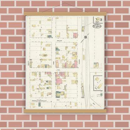 Old map wall art mockup — magnetic wood frame on brick wall — Sanborn Fire Insurance Map from Wittenberg, Shawano County, Wisconsin (1909), Sheet #0003
