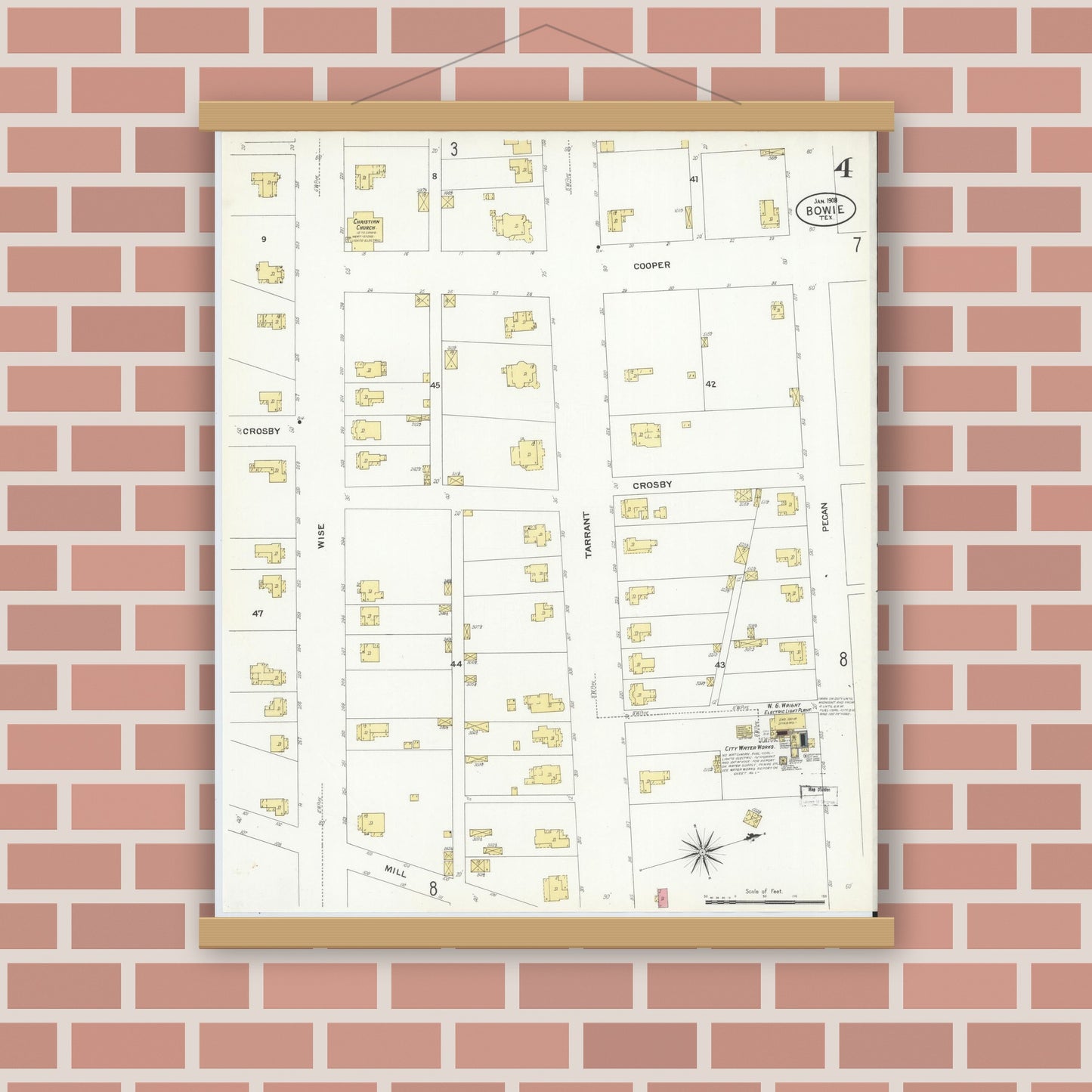 Old map wall art mockup — magnetic wood frame on brick wall — Sanborn Fire Insurance Map from Bowie, Montague County, Texas (1908), Sheet #0004