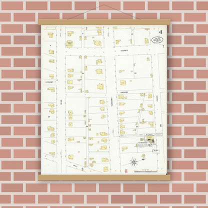 Old map wall art mockup — magnetic wood frame on brick wall — Sanborn Fire Insurance Map from Bowie, Montague County, Texas (1908), Sheet #0004