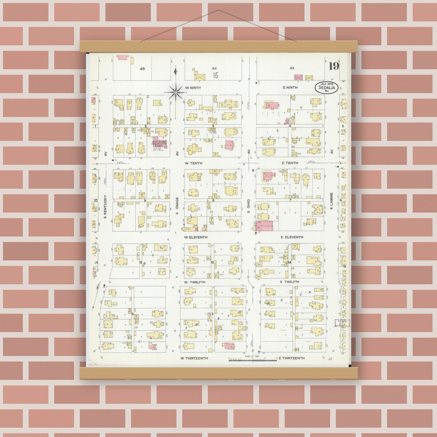 Old map wall art mockup — magnetic wood frame on brick wall — Sanborn Fire Insurance Map from Sedalia, Pettis County, Missouri (1908), Sheet #0019